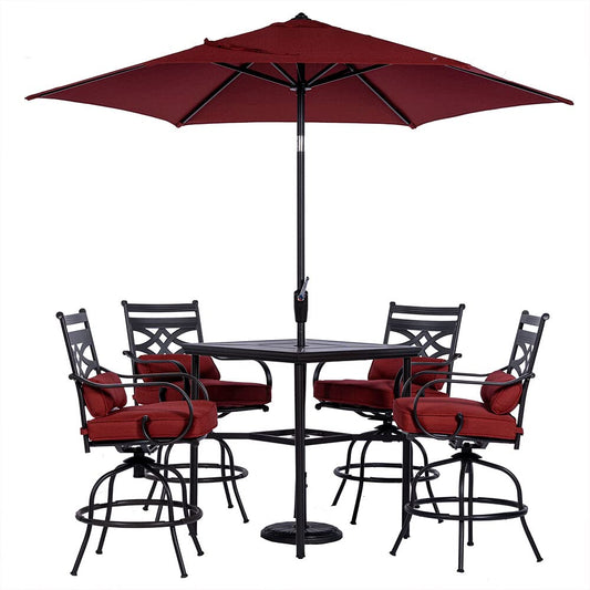Hanover Montclair 5-Piece Outdoor High Dining Set, Umbrella, Base