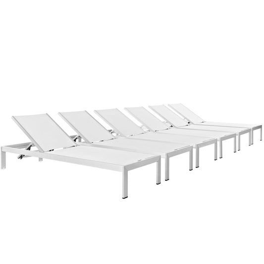 Modway Shore 6-Piece Aluminum Chaise Lounge Set, Silver/White