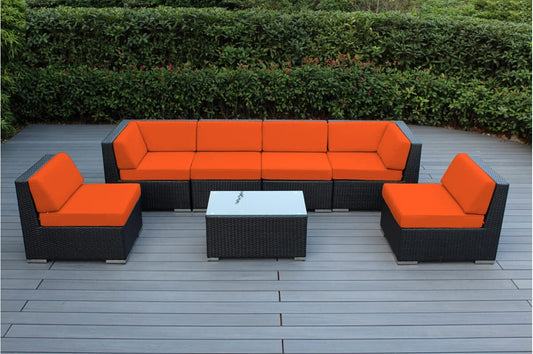 Ohana 7-Piece Patio Wicker Sectional Sofa Set, Red Cushions, Cover