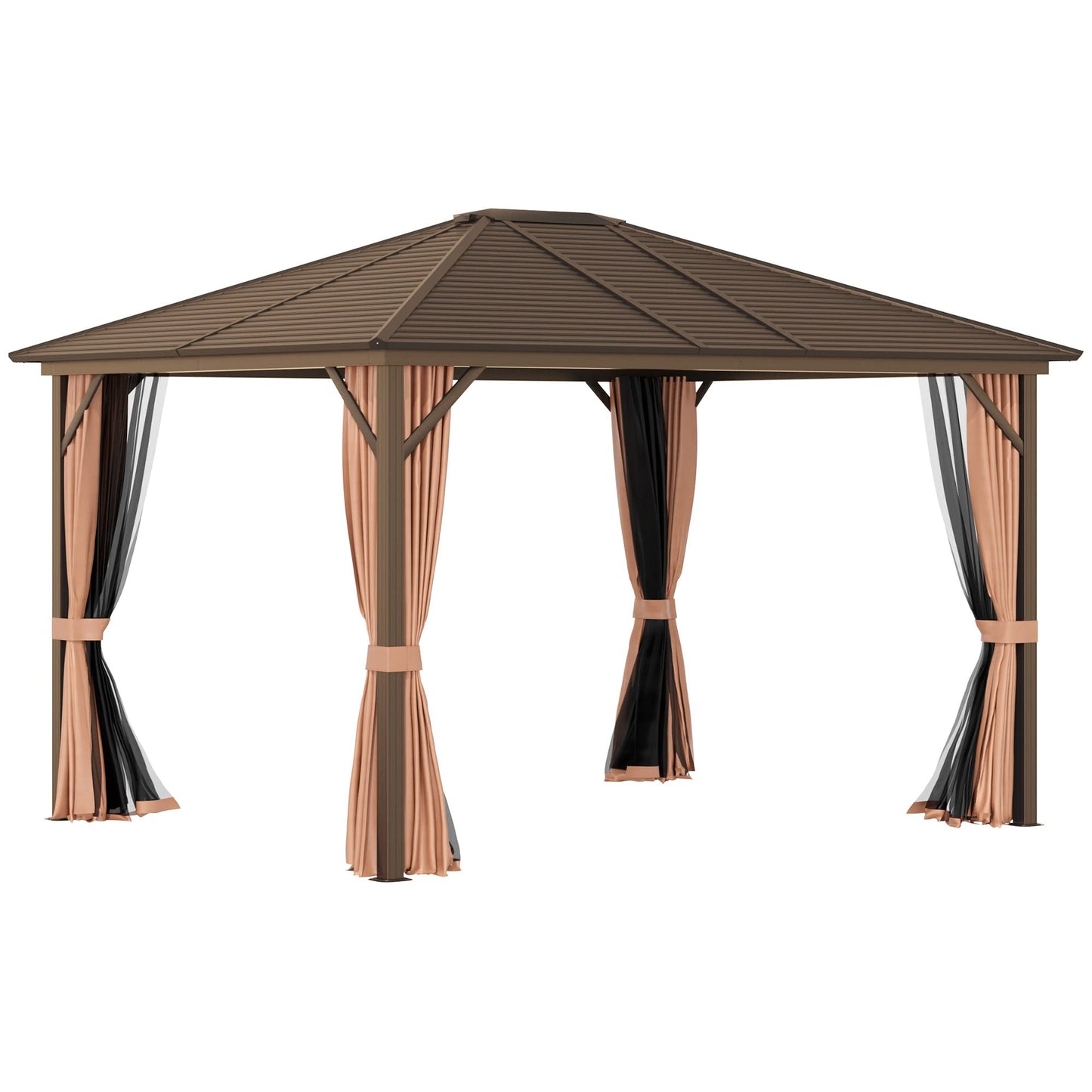 Outsunny 10x12ft Hardtop Gazebo, Steel Roof, Netting, Curtains, Brown