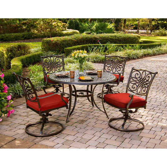 Hanover Traditions 5-Piece Outdoor Dining Set, Swivel Rockers, Red