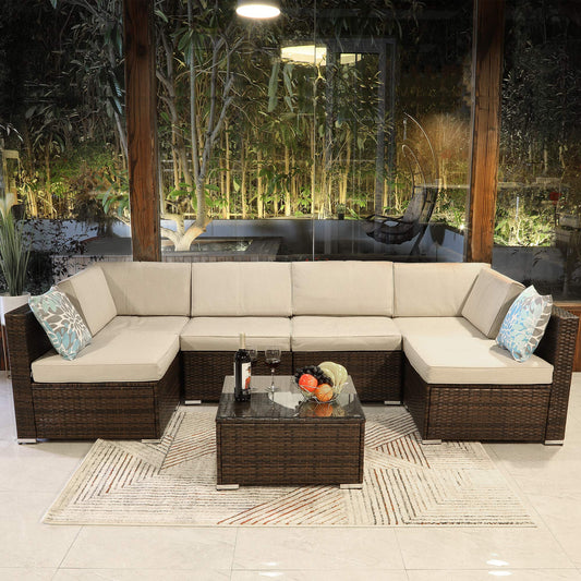 YITAHOME 7-Piece Outdoor Wicker Patio Furniture Set, Sofa, Coffee Table, Cushions