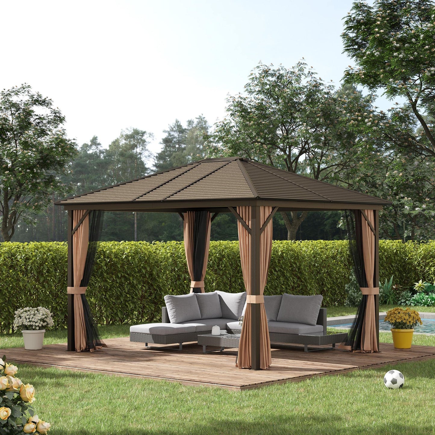 Outsunny 10x12ft Hardtop Gazebo, Steel Roof, Netting, Curtains, Brown